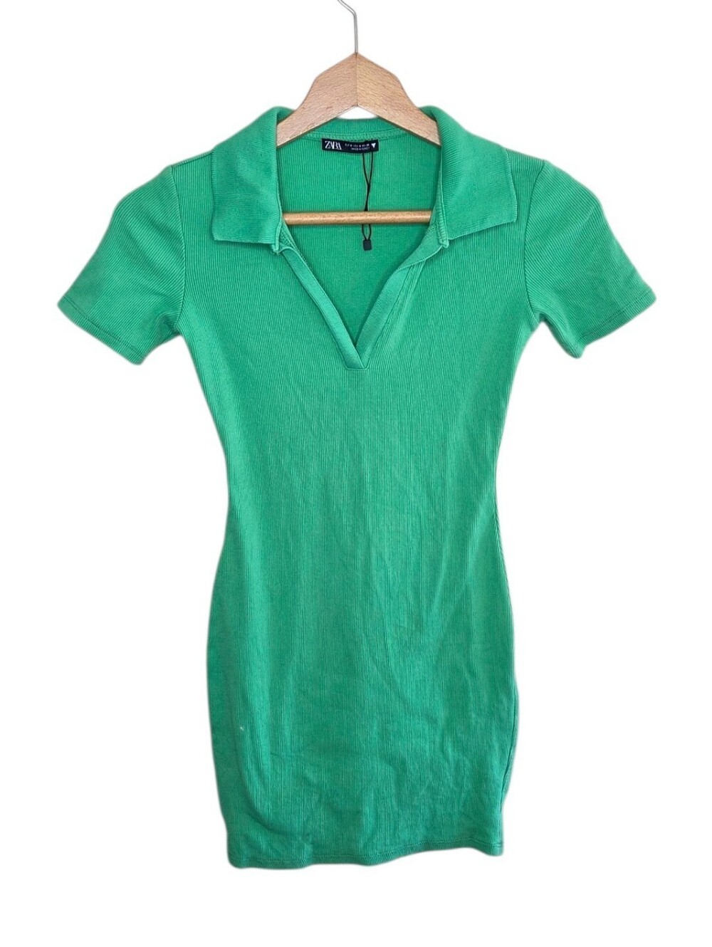 Zara Green Bodycon Ribbed Collared Short Sleeve Mini Dress Size Small